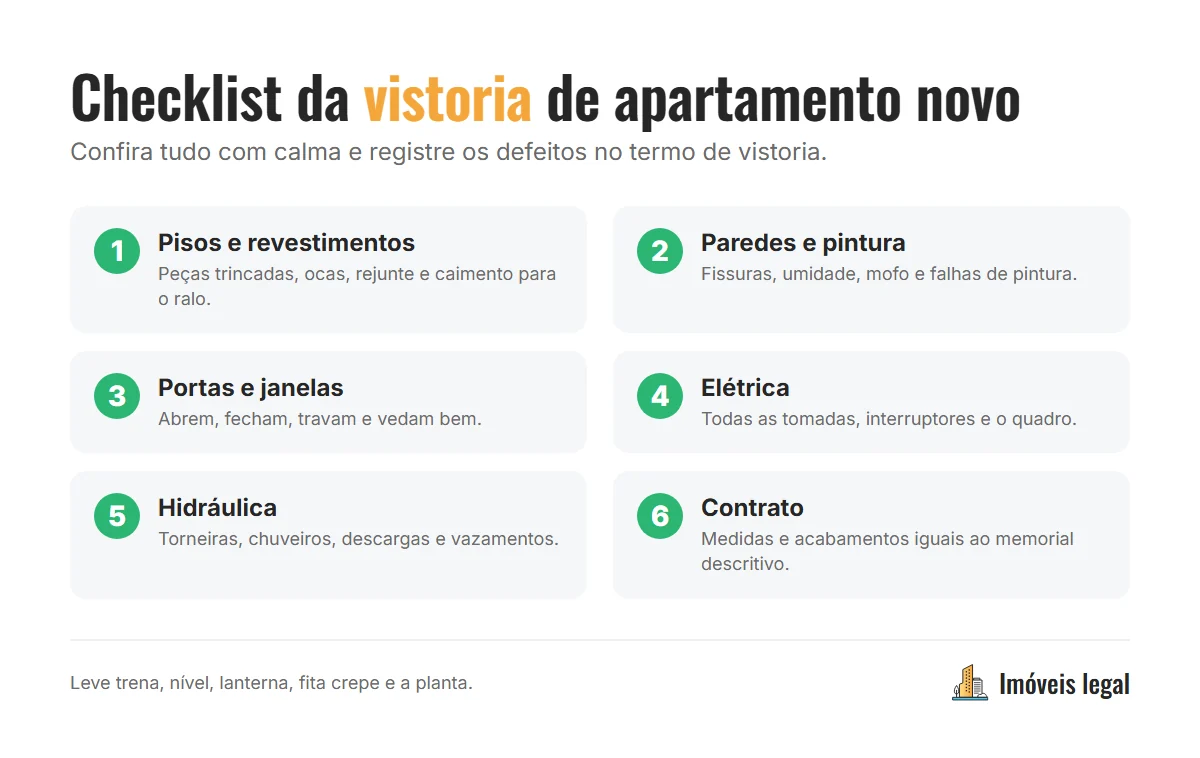 Checklist da vistoria de apartamento novo: pisos e revestimentos, paredes e pintura, portas e janelas, instalações elétricas, hidráulica e medidas conforme a planta