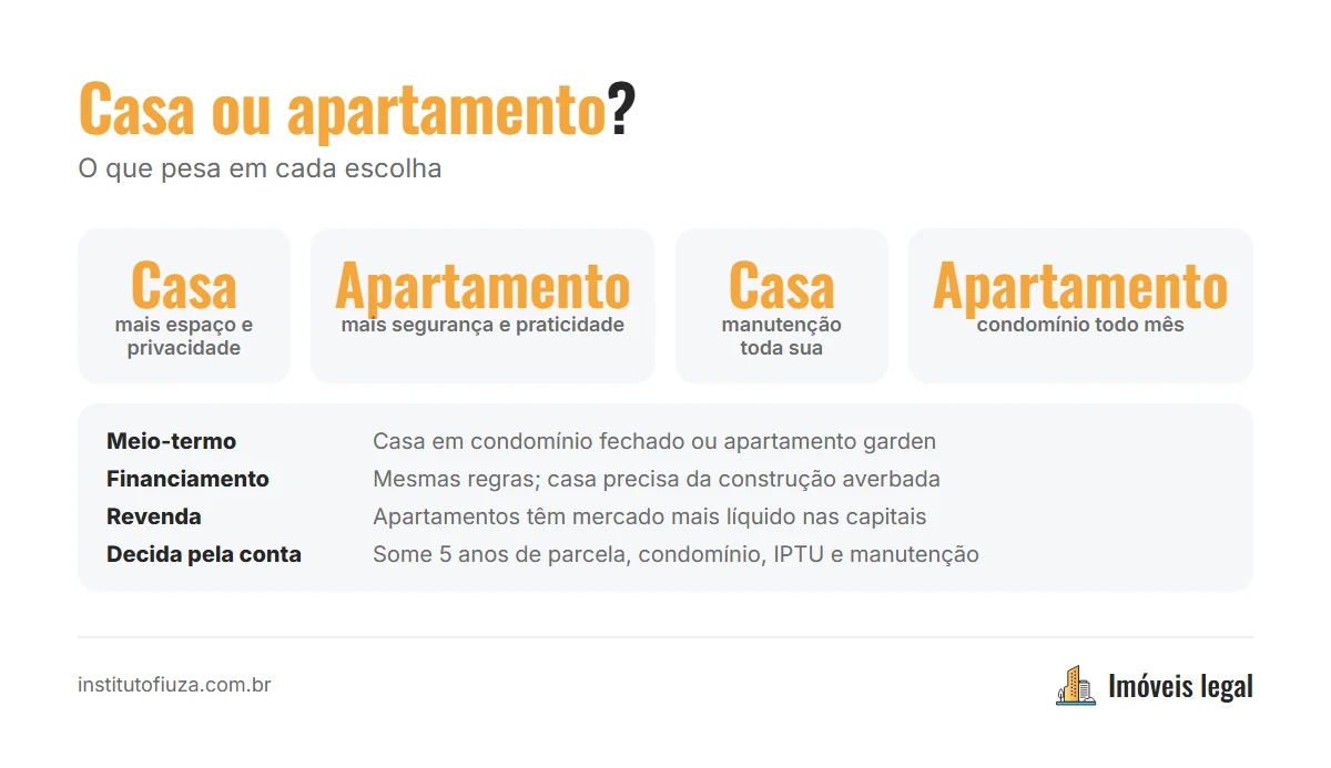 Comparativo casa ou apartamento: espaço, segurança, custo mensal, manutenção, lazer, privacidade e revenda