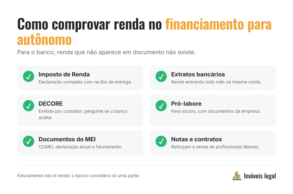Documentos para comprovar renda no financiamento para autônomo e MEI: Imposto de Renda, extratos bancários, DECORE, pró-labore e declaração do MEI